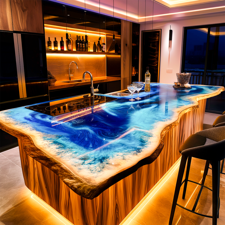 Aquatic Elegance: Dive into Luxury with Wood Epoxy Ocean Kitchen Bar ...