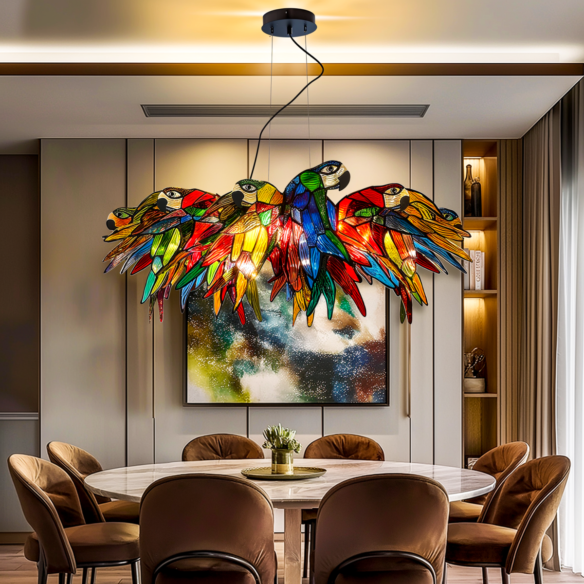 2 Parrots Chandelier Pendant Hanging Lamp Stained Glass Rural